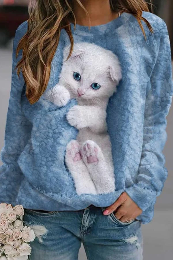 Cute Cat Print 100% Cotton Sweatshirt