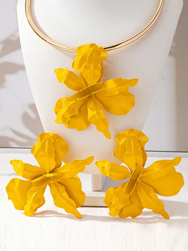 Flower Shape Necklaces Accessories + Drop Earrings YELLOW-One_size