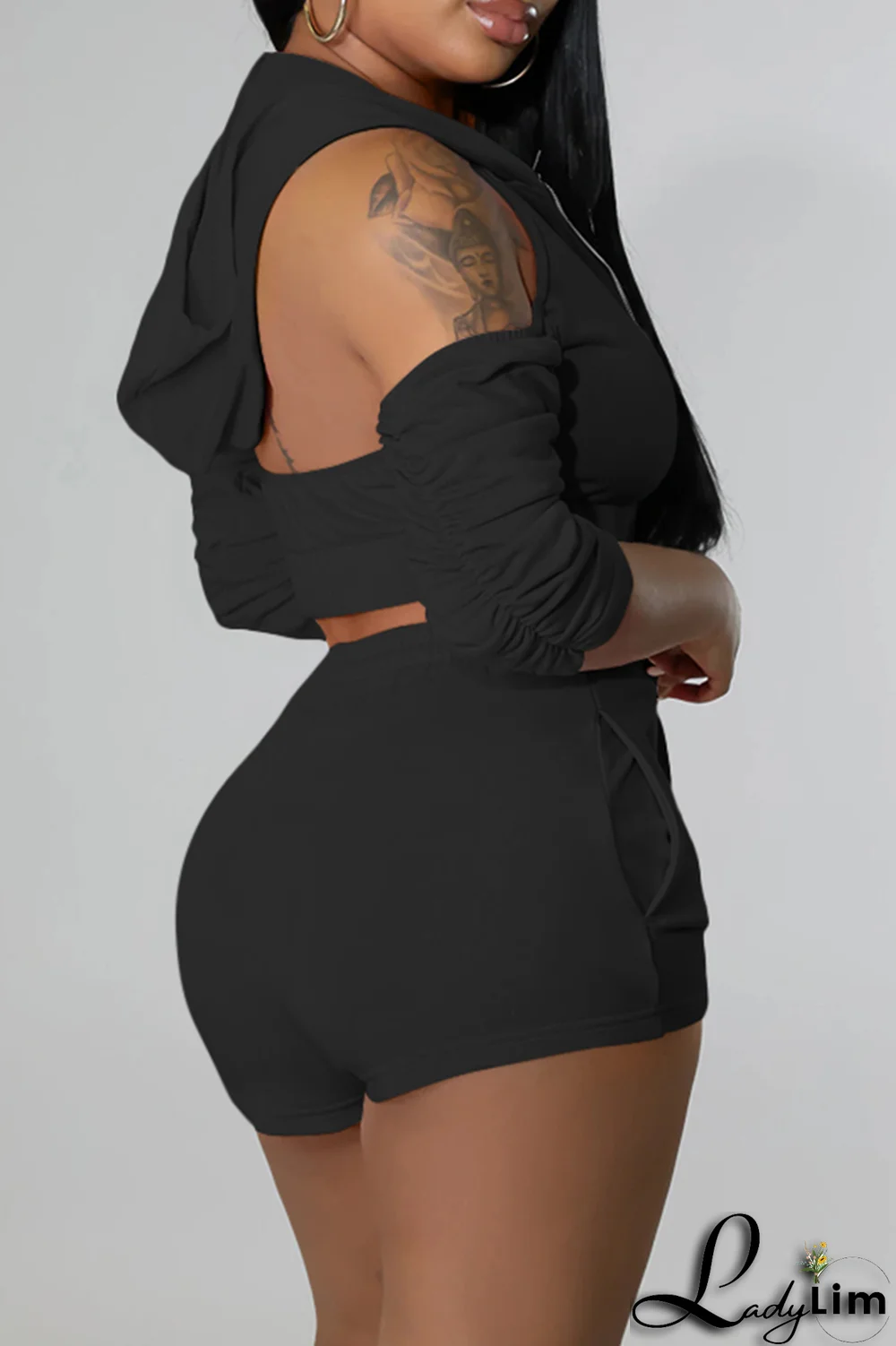 Black Sexy Print Patchwork Hooded Collar Three Quarter Two Pieces