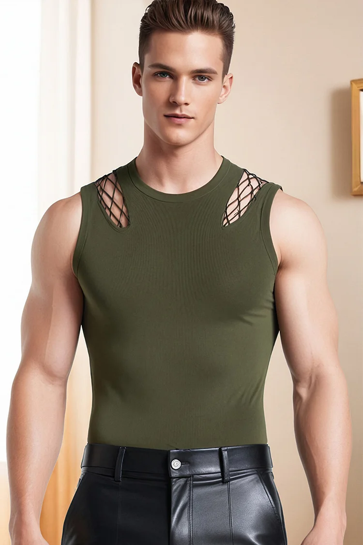 Men's Fishnet Cut Out Slim Fit Green Tank Top 