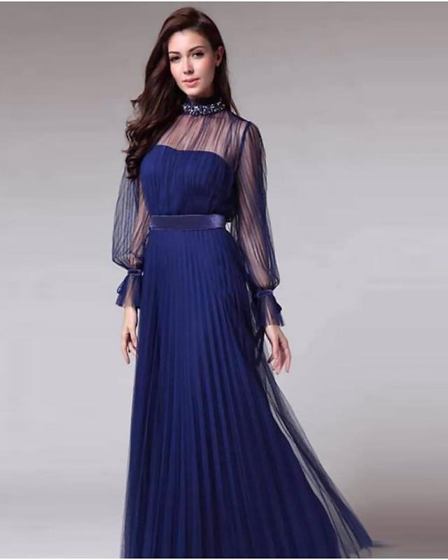 Women's Chiffon Dress Maxi Long Dress - Long Sleeve Solid Color Ruffle Fall Winter Turtleneck Elegant Party Chiffon Mesh Royal Blue