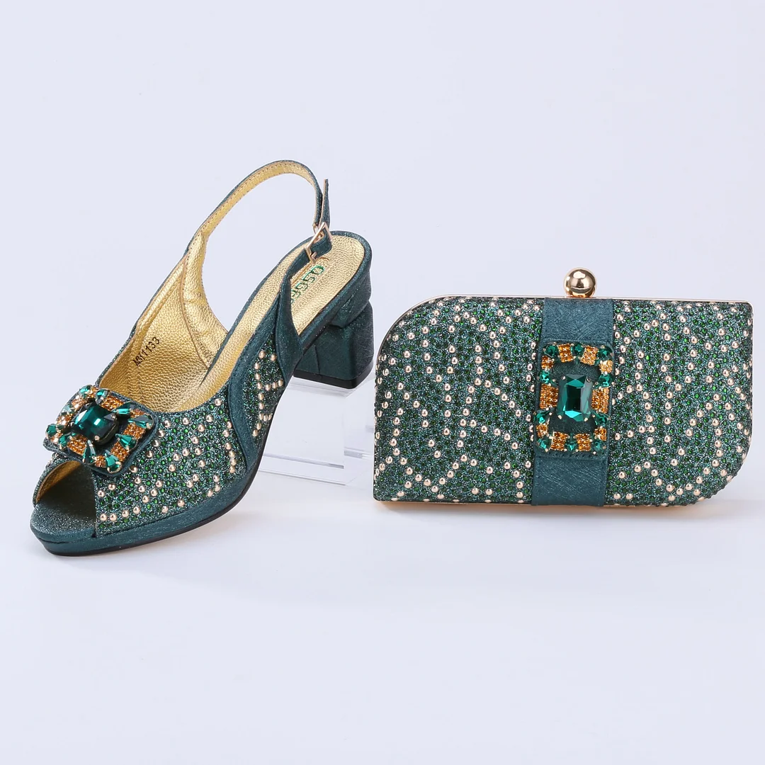 QSGFC 2022 Newest Fashion Noble Green Color Party Wedding Ladies Shoes and Bag Set  Decorated With Rhinestone