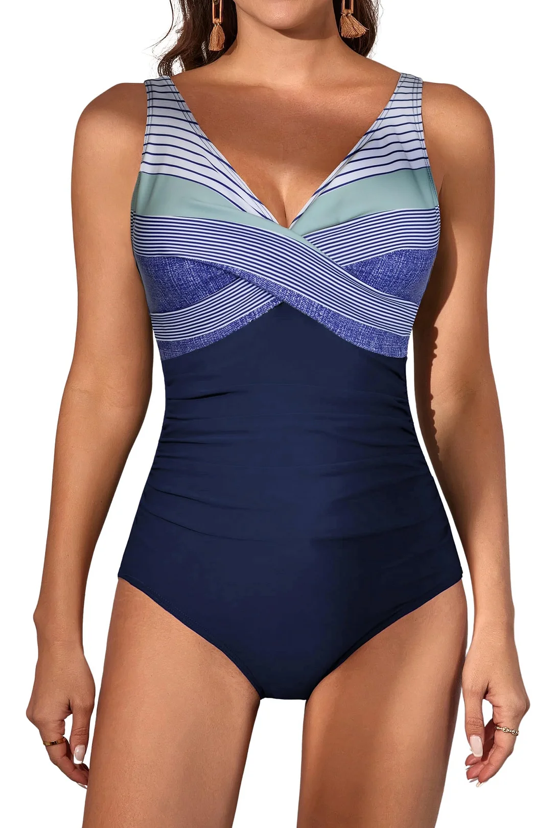 V Neck Ruched Wrap Tummy Control One Piece Swimsuit