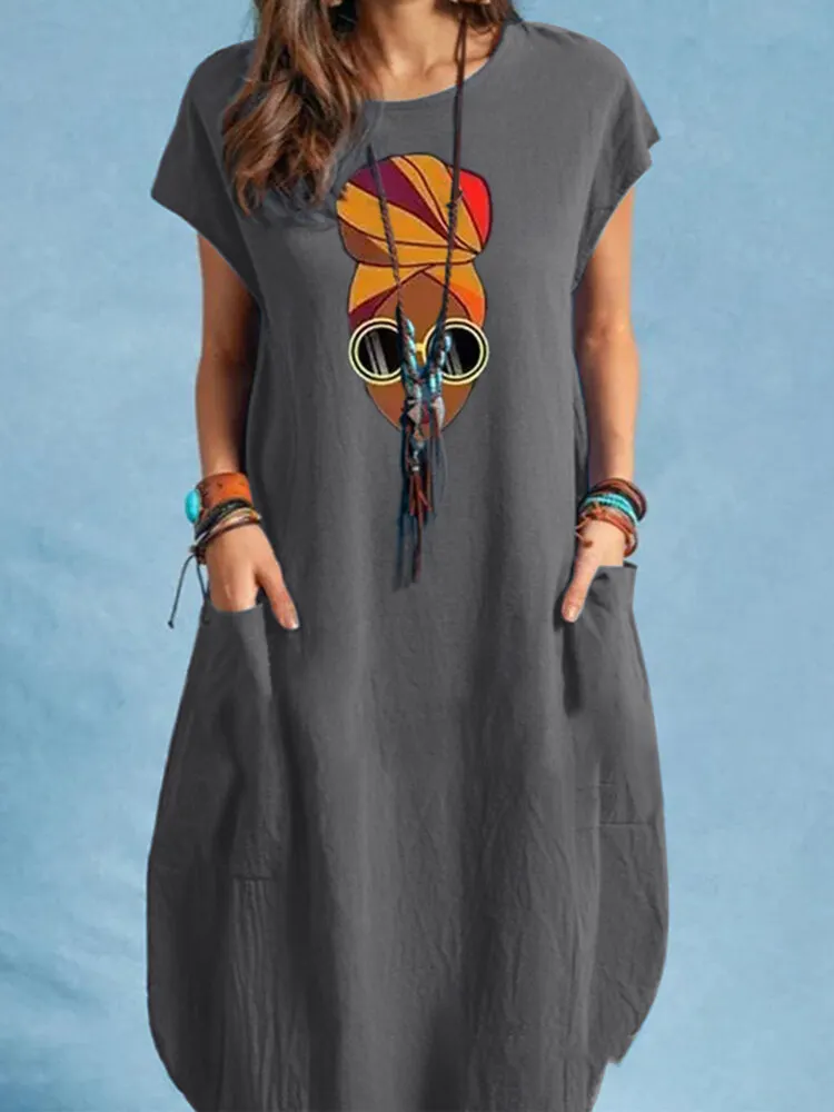 Portrait Print Pocket Short Sleeve Crew Neck Vintage Dress