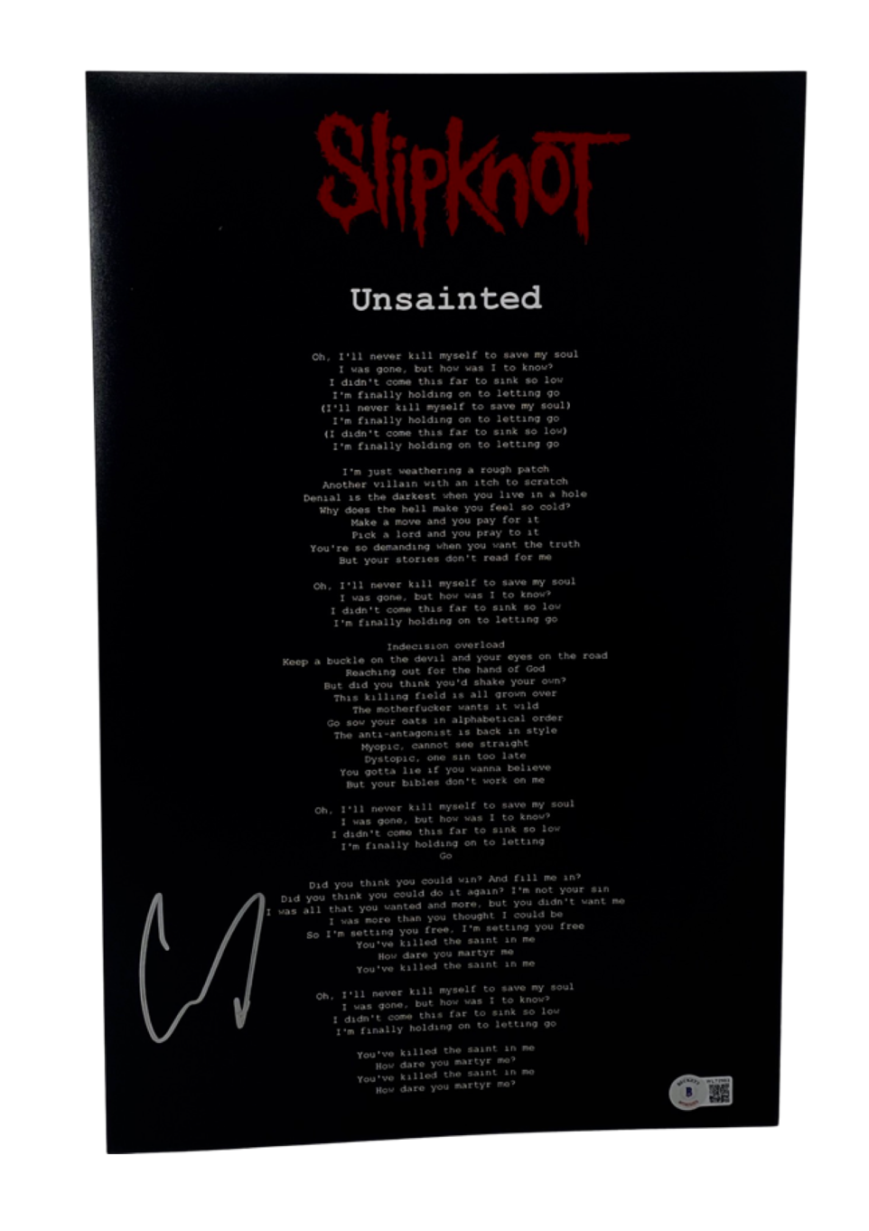 Corey Taylor Signed Slipknot Unsainted 11x17 Lyric Poster Photo Poster painting Beckett COA