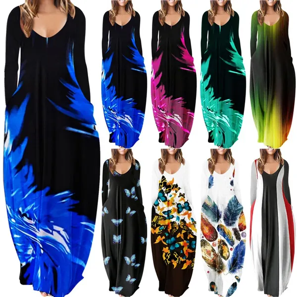 Womens Loose Pocket Boho Vintage Hole Dress Full Long Sleeper Spring Party Beach Maxi Big