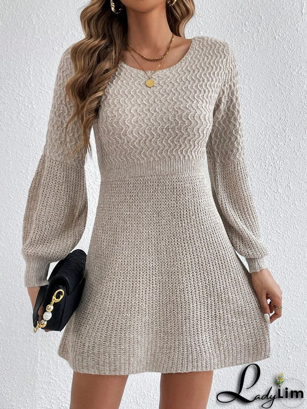 Solid Lantern Sleeve Sweater Dress