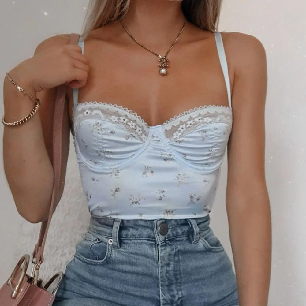 Crop Top Ladies Blue Floral Patchwork Lace Backless Sleeveless Cropped Bralette Bra Tops For Women Fashion New Summer Clothes