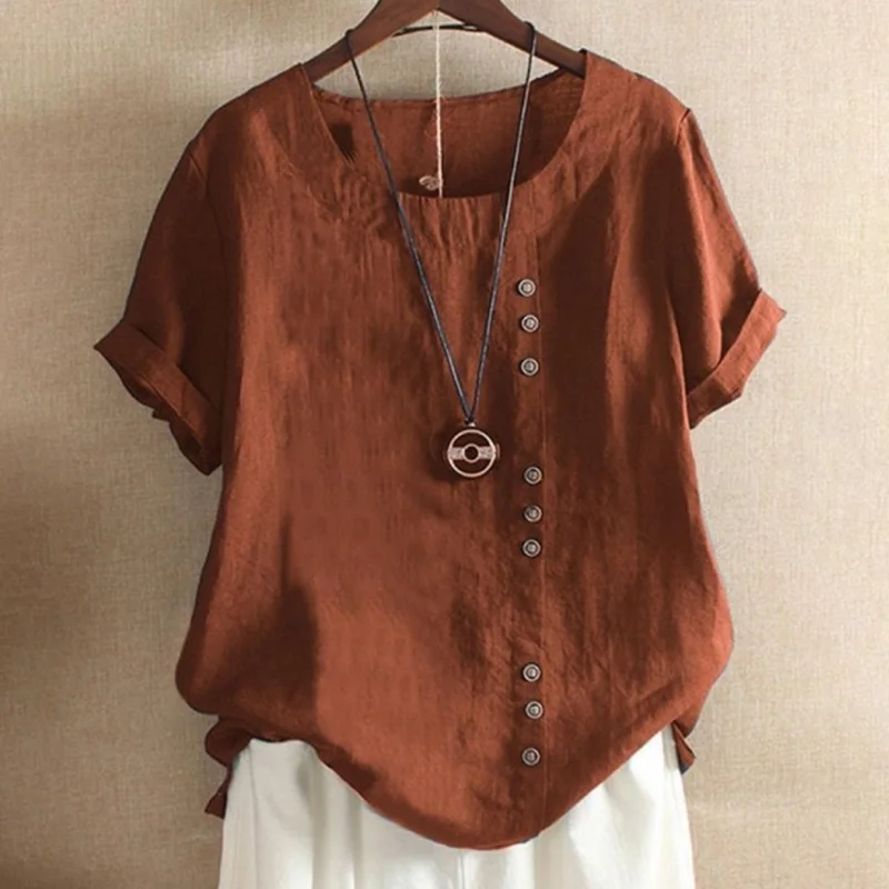 Round Neck Solid Color Buttons Short Sleeves T-shirt