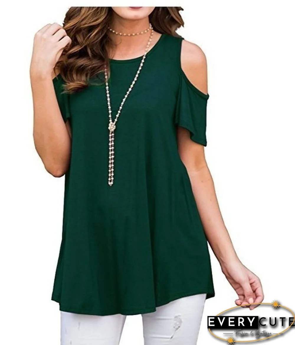 Plus Size XS-6XL Summer Womens Fashion Cold Shoulder Shirts Casual Loose Short Sleeve Crew Neck Floral Tunic Tops Blouses