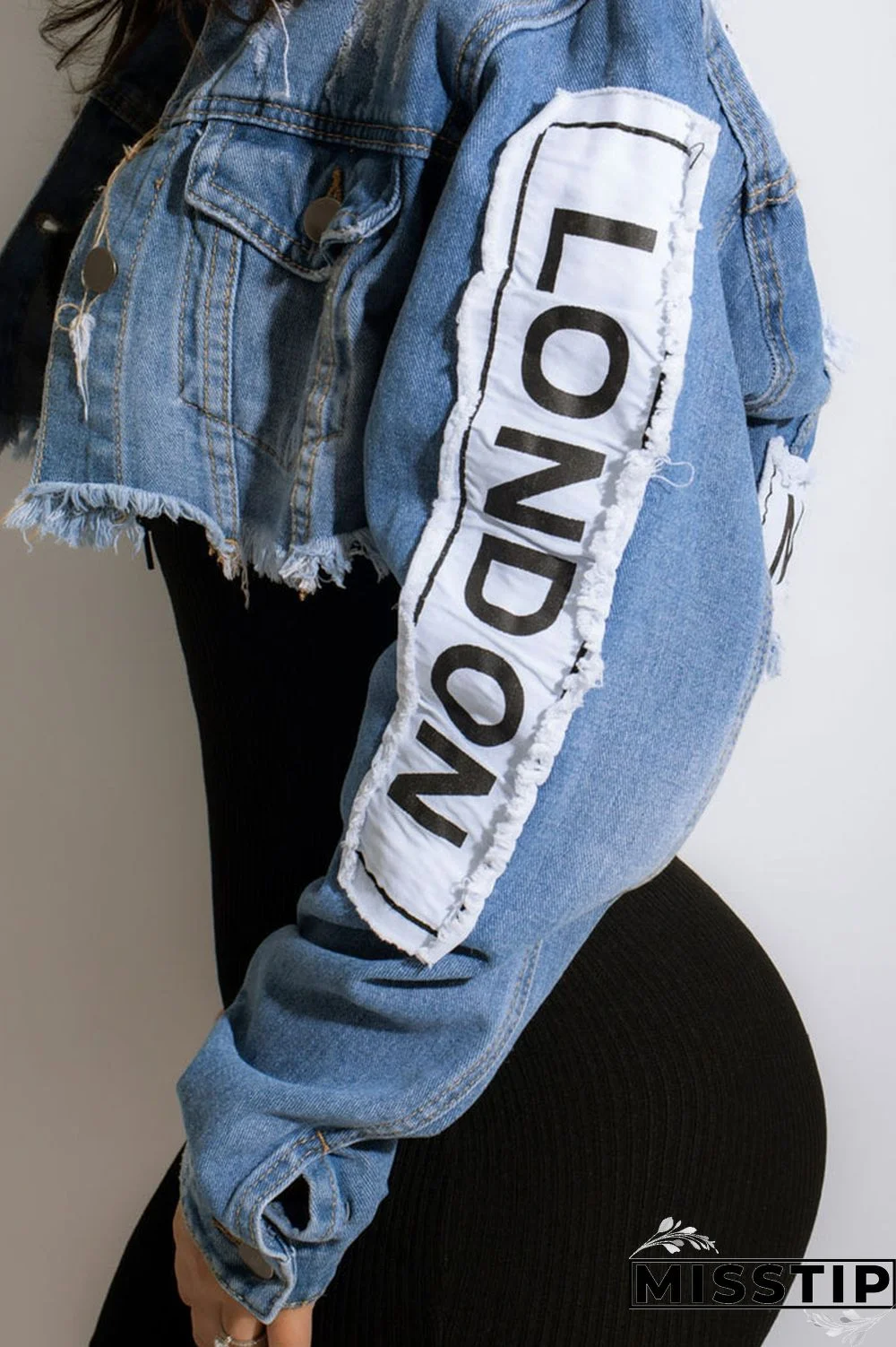 Black Casual Street Print Patchwork Buckle Turndown Collar Long Sleeve Straight Denim Jacket