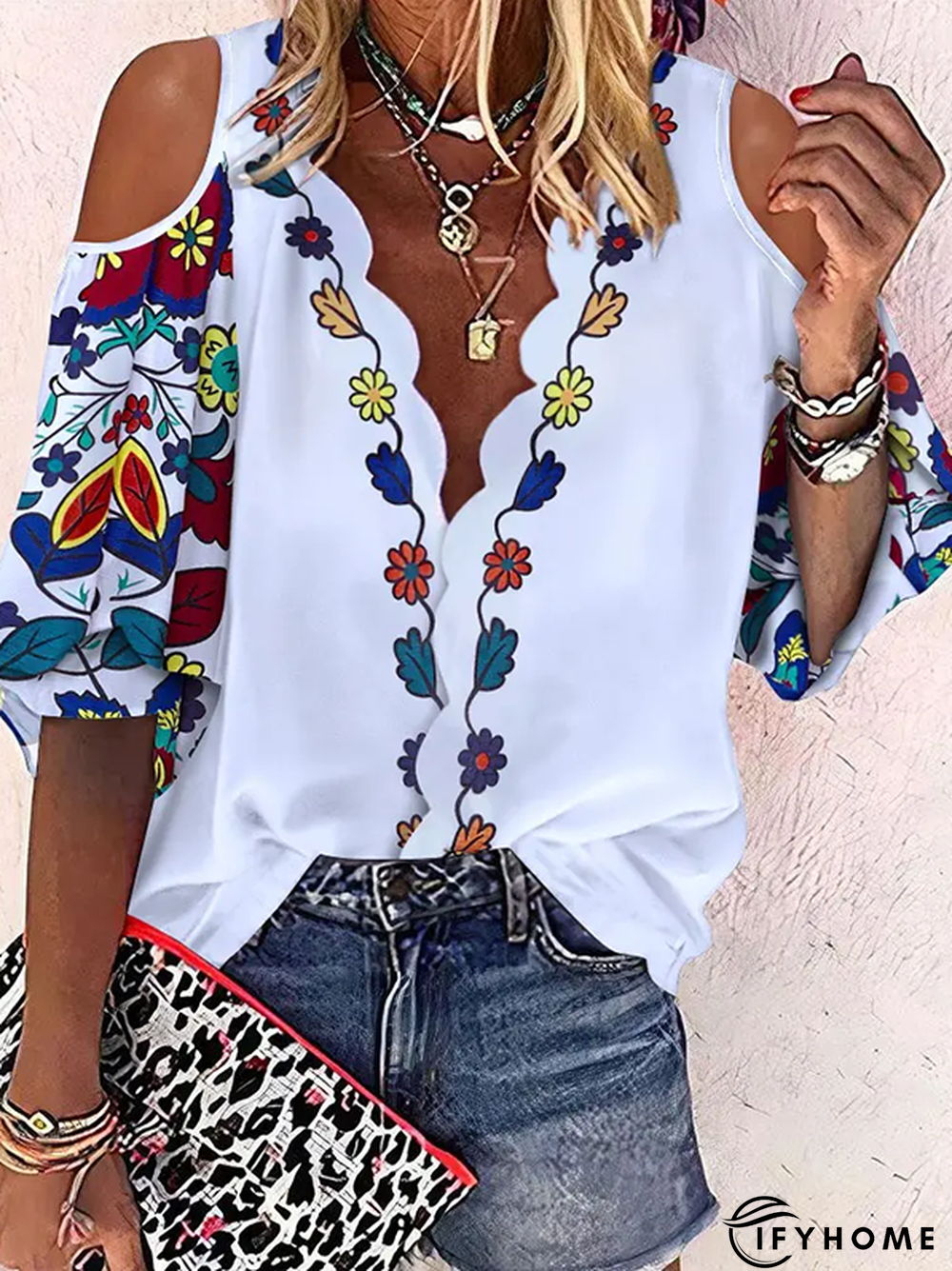 Half sleeve V Neck Floral Tops | IFYHOME