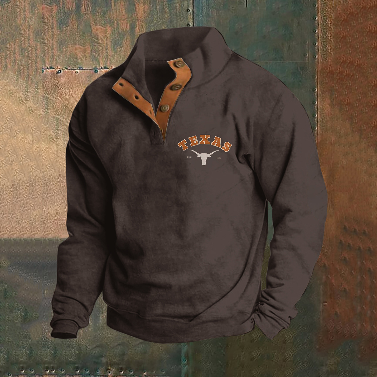 Men's Vintage Texas Western Print Stand Collar Button Sweatshirt