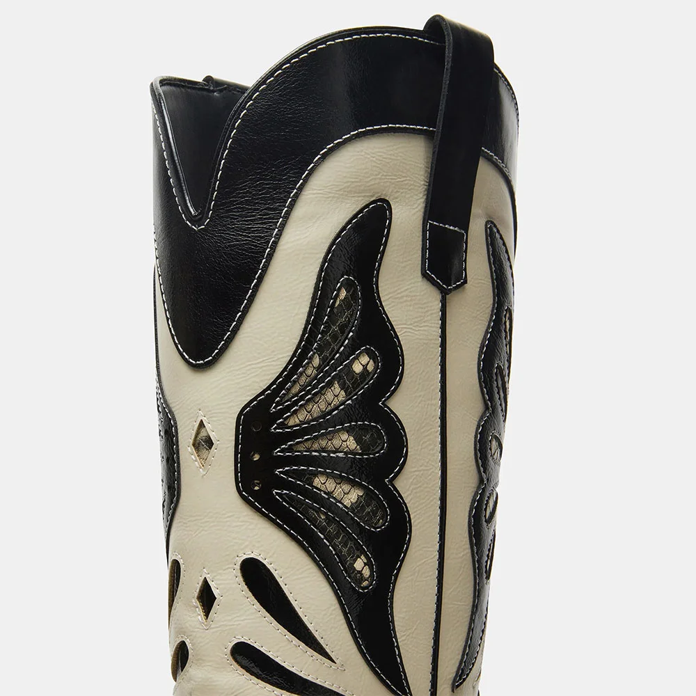 Black & Ivory Butterfly Inlay High Heel Cowboy Boots for Women