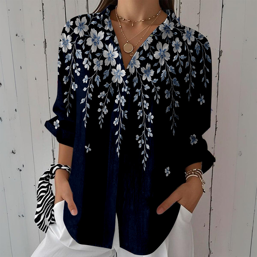Women Long Sleeve V-neck Graphic Floral Printed Top