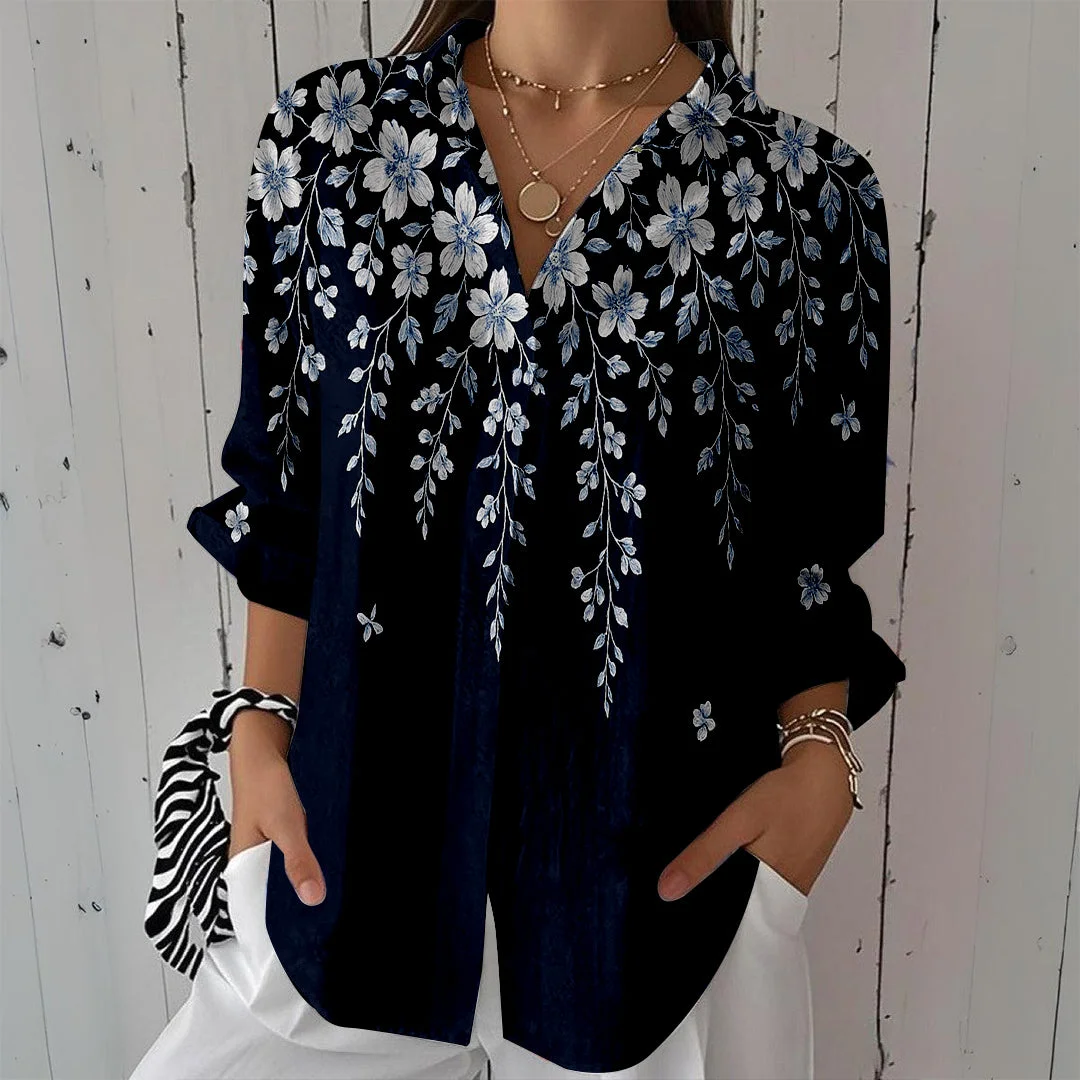 Style & Comfort for Mature Women Women Floral, Black, White DZCL0138 3/4 Sleeve Shirt Collar Printed Button Tops