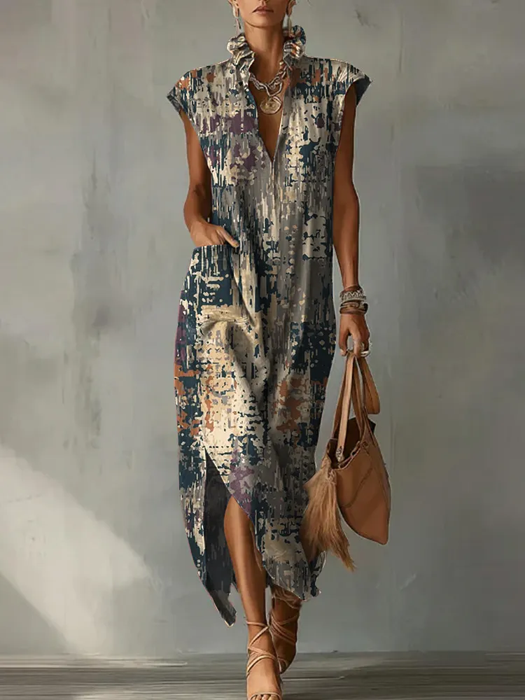 Casual Loose-fit Cotton-linen Dress With Cap Sleeves And Vintage Abstract Oil Painting Print