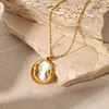 White Shell Moon Star Round Pendant 18K Golden Necklace