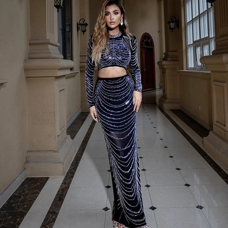 Zingj High-End Women's High-Rise Half-Dress Two-Piece Hot Diamond Chain Sexy Set