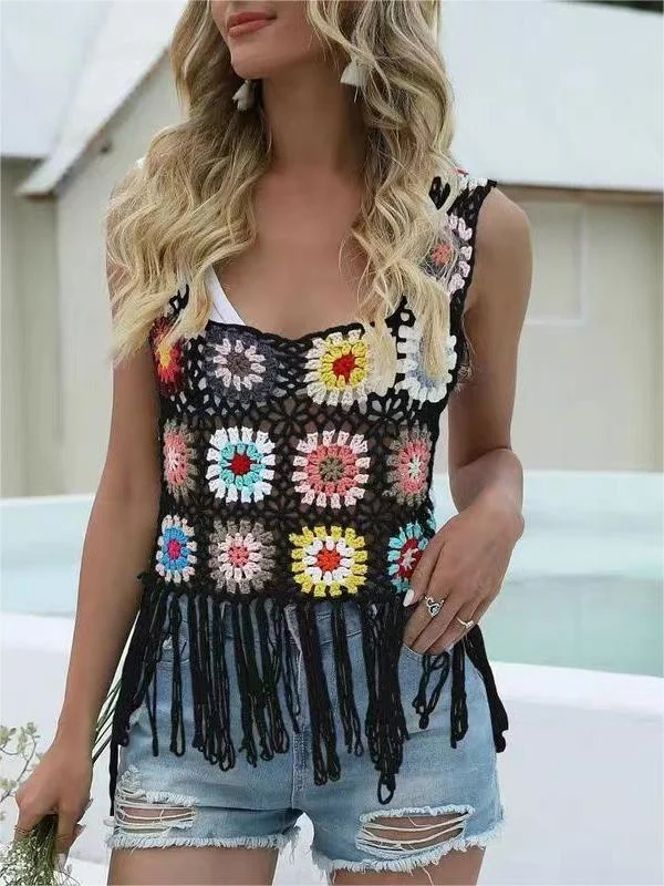 Tops Crochet Tasseled With Knitted Flower And Square-Neck