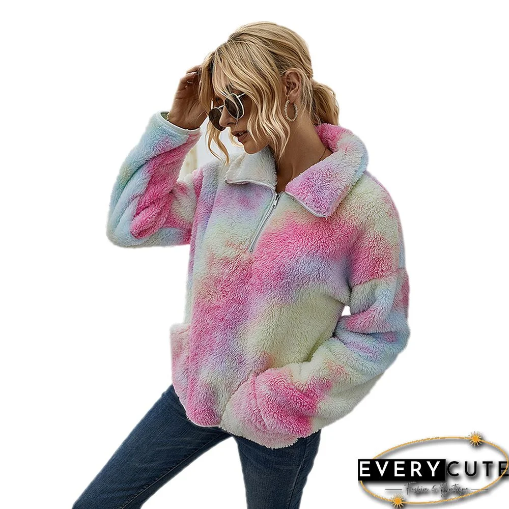 Multicolor Tie Dye Print Zip Neck Plush Sweatshirt