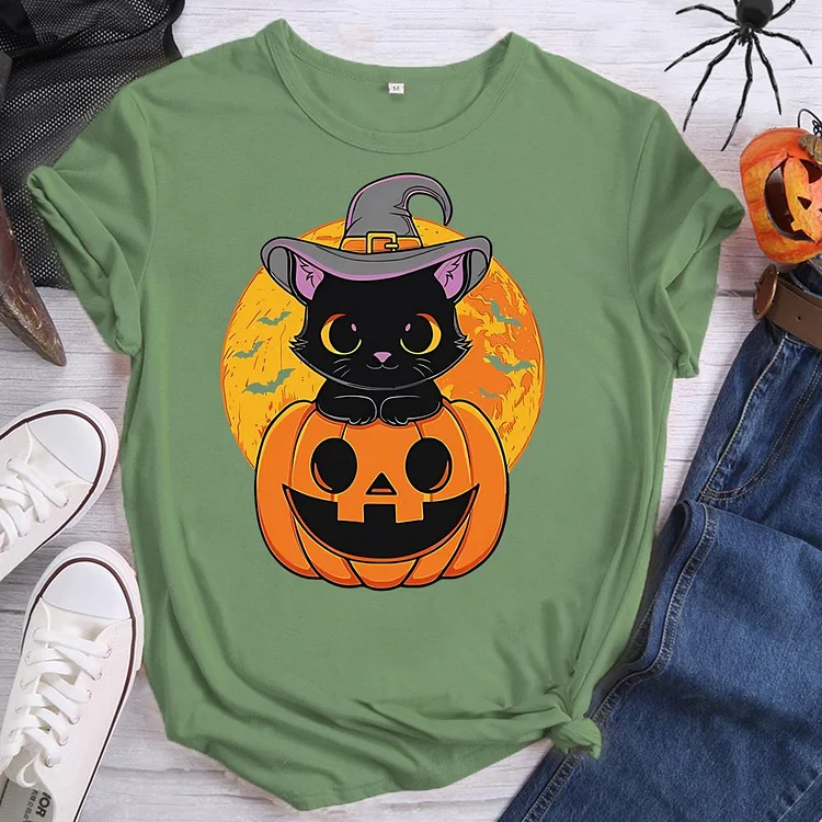 Halloween Cat Pumpkin Round Neck T-shirt-0019311