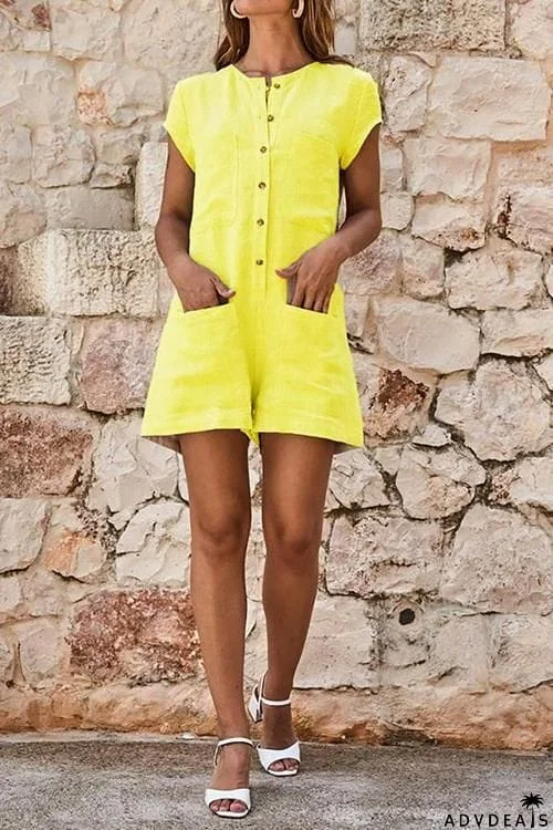 Button Pockets Short Sleeve Romper