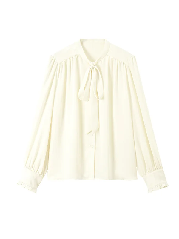 Long Sleeves Roomy Lace-Up Pleated Pure Color Split-Joint Stand Collar Blouses