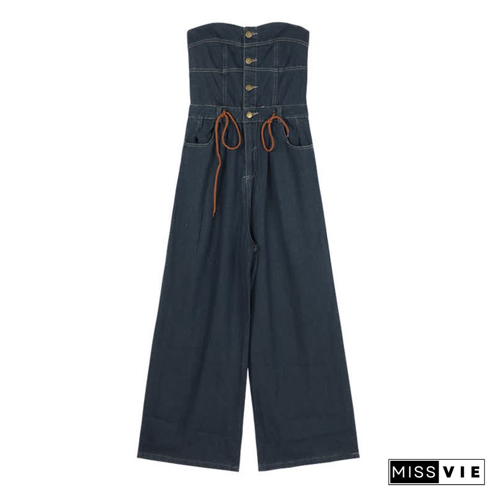 Pure Color Knit Cardigan Off The Shoulder Lace Up Denim Overalls