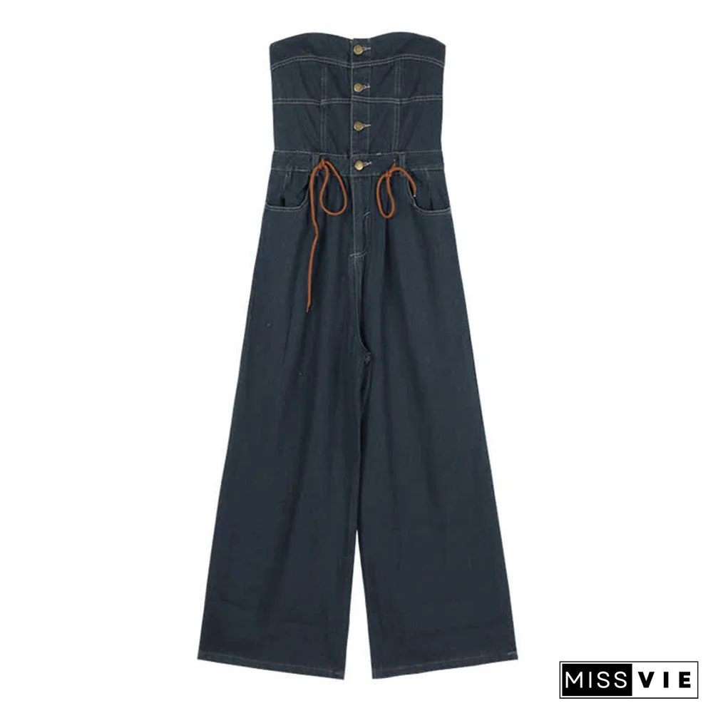 Pure Color Knit Cardigan Off The Shoulder Lace Up Denim Overalls