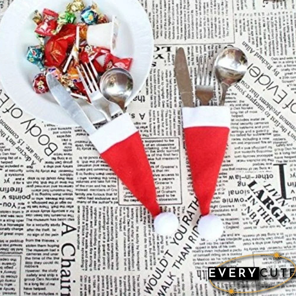 10Pcs/Set Mini Christmas Decoration Santa Hats Knife Fork Silverware Holders For Lollipop Xmas Party Dinner Organizers Decorations Supplies