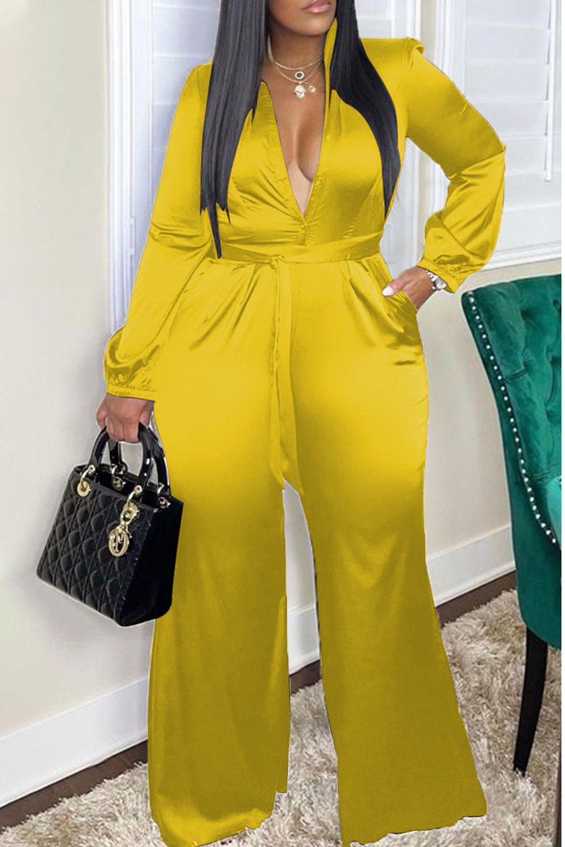 British Style Solid Pocket Turndown Collar Loose Jumpsuits main image 1