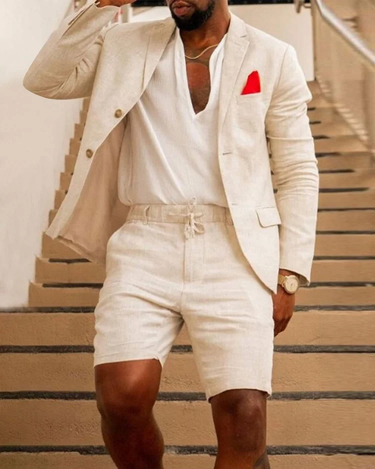 Men's  Linen 2 Piece Beige Suit Groom Wedding