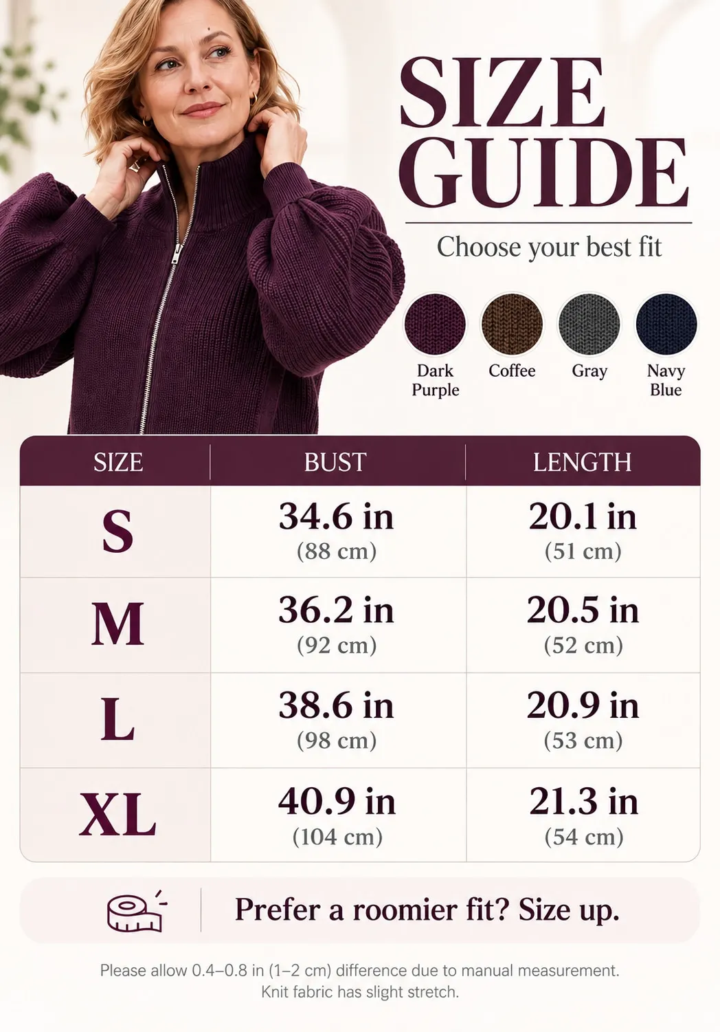 Women's knit jacket size guide