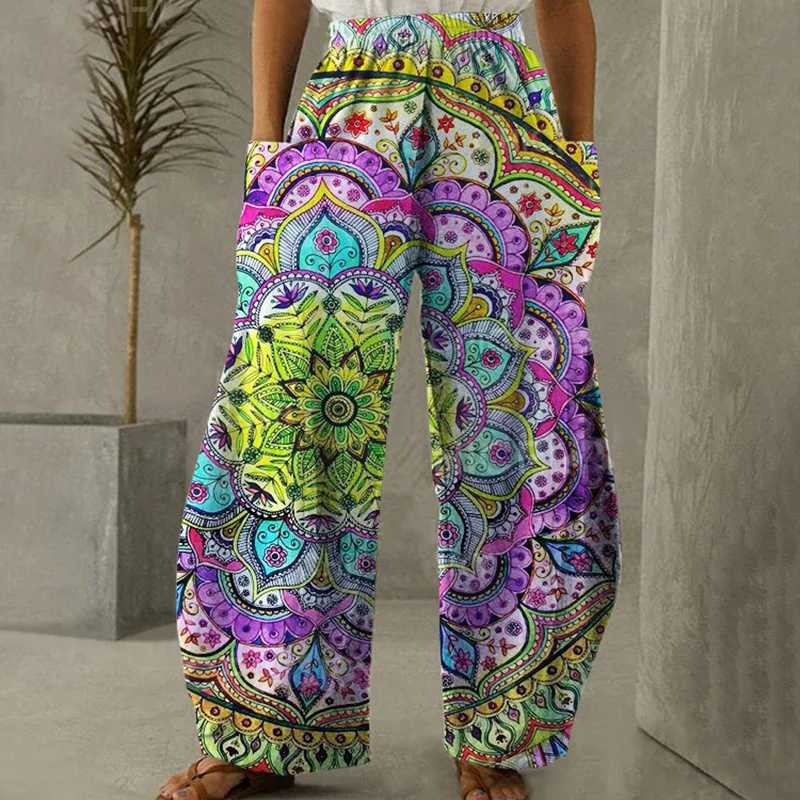 Colorful Vintage Floral Elastic Waist Casual Pants