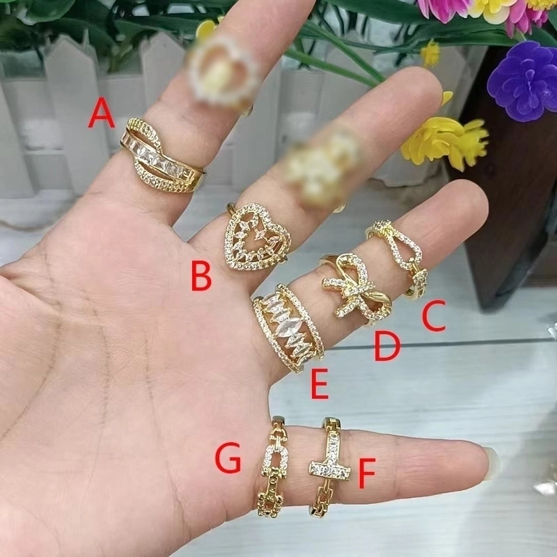 Vacation Modern Style Heart Shape Bow Knot Copper Zircon 18K Gold Plated Polishing Plating Rings