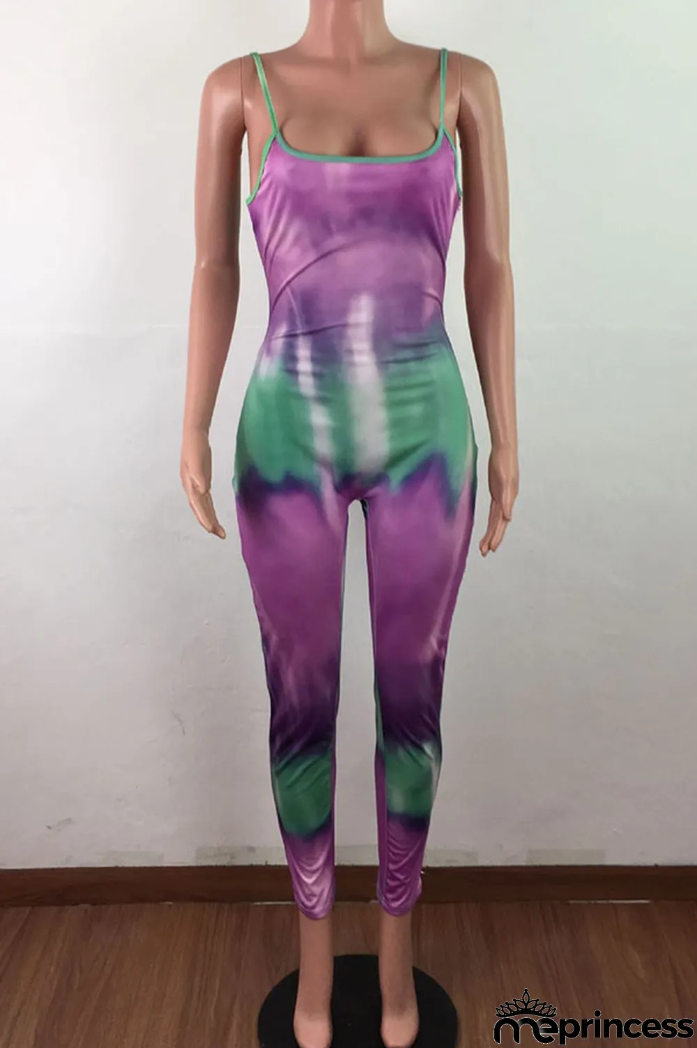 Blue Fashion Sexy Tie-dyed Sleeveless Slip Jumpsuits