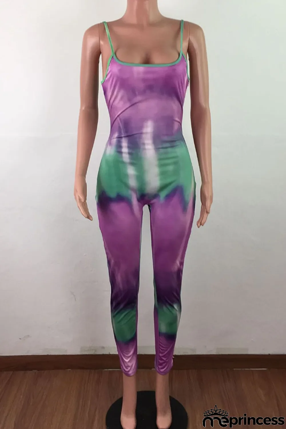 Blue Fashion Sexy Tie-dyed Sleeveless Slip Jumpsuits