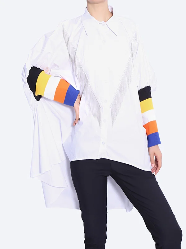 Stylish Selection Loose Batwing Sleeves Buttoned Contrast Color Tasseled Lapel Collar Blouses&Shirts Tops