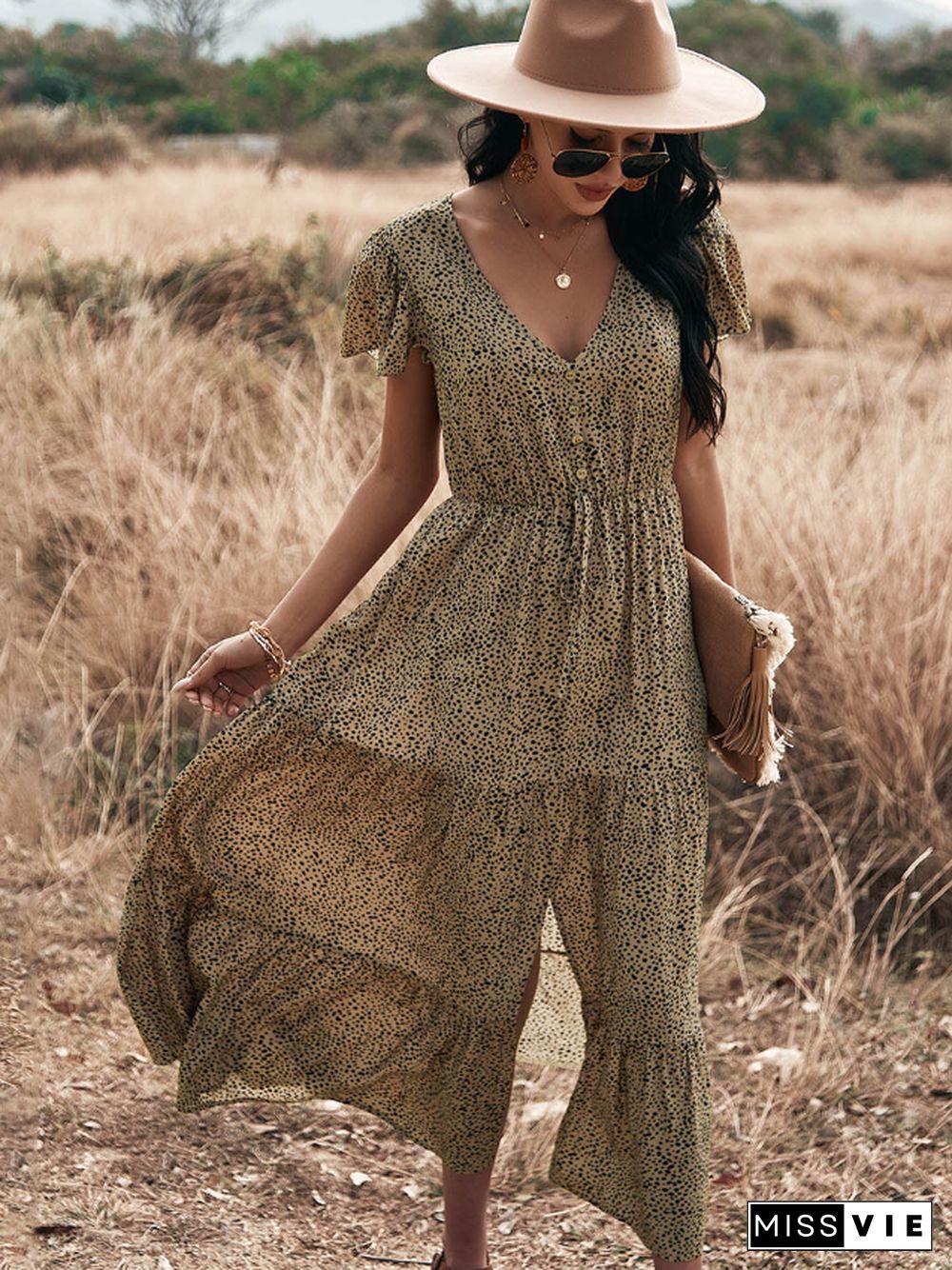 Sexy Big Swing Leopard Print Dress Spring/summer Short-sleeved Bohemian Vacation