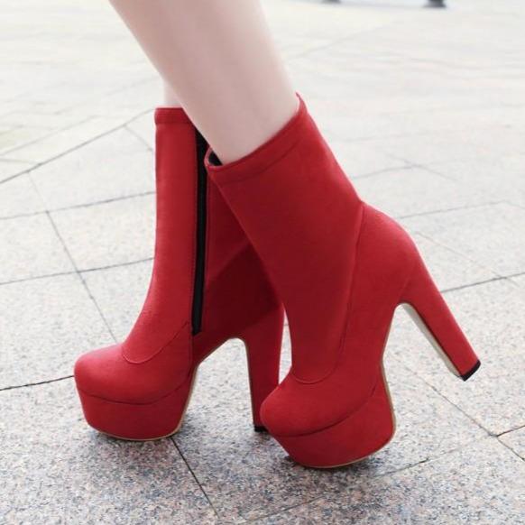 Women's chunky platform high heel mid calf boots