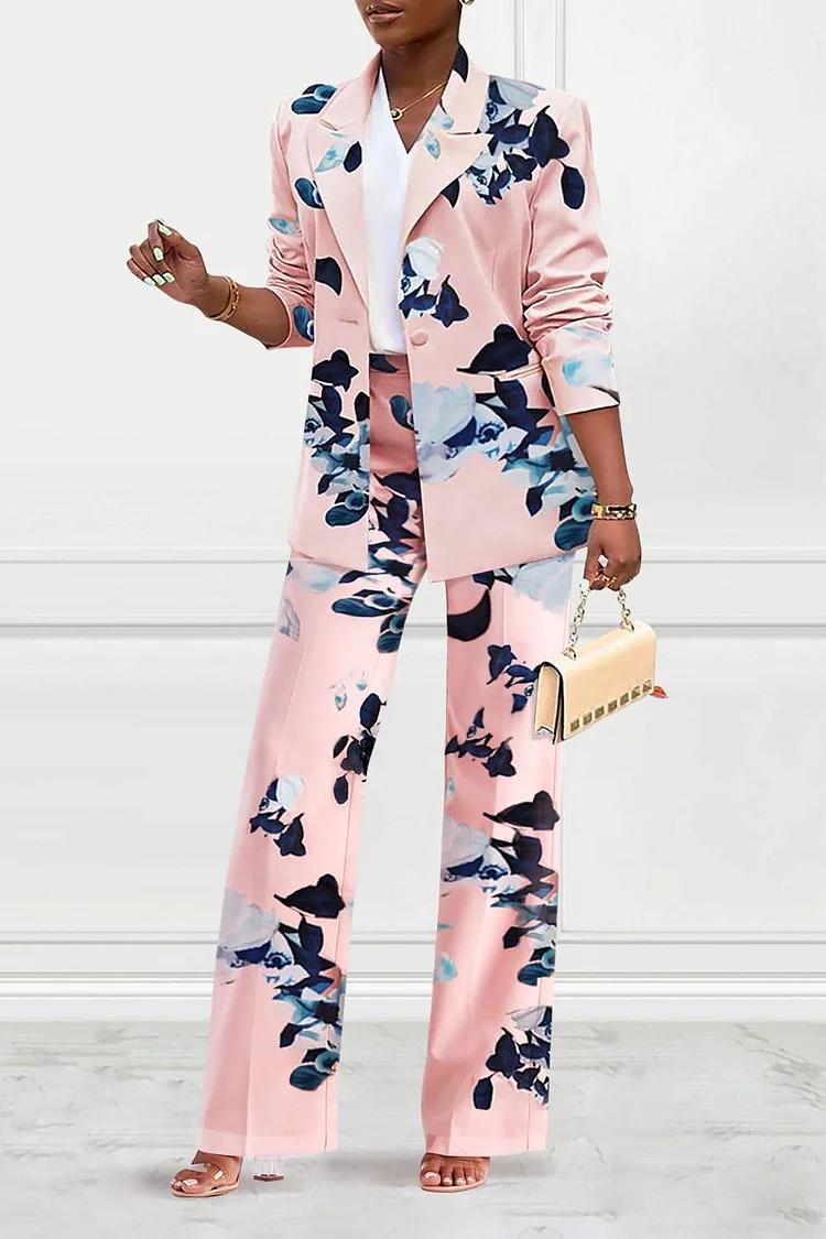 Xpluswear Plus Size Pink Business Casual Floral Print Long Sleeve Lapel Straight Leg Two Piece Pant Sets 