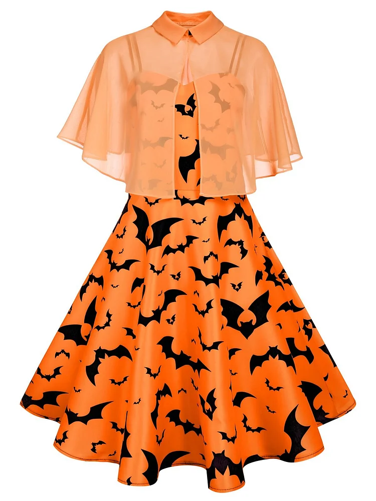 Orange 1950s Cape Patchwork Swing Dress