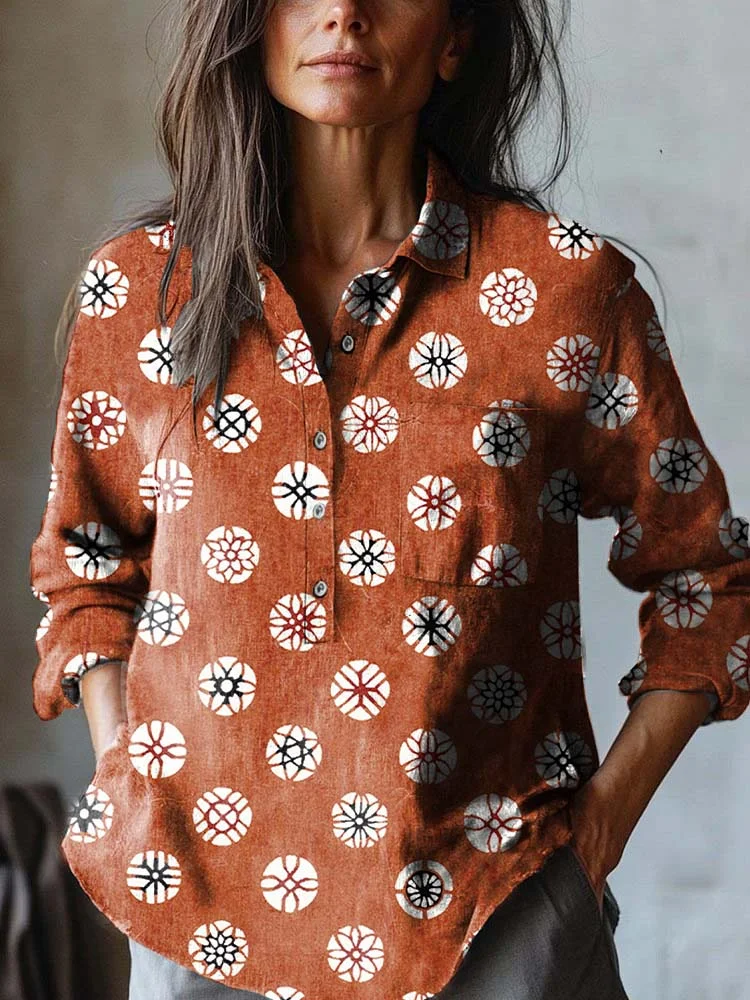 Women's Japanese Print Casual Cotton and Linen Shirt