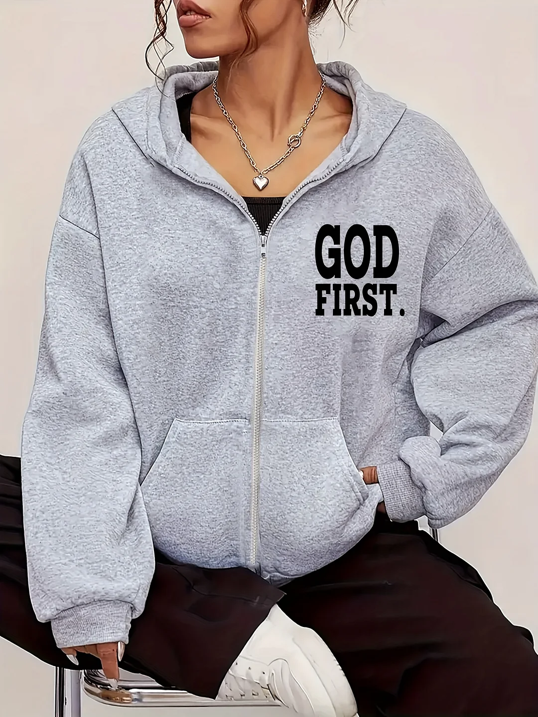 1pc Women's Casual "God First" Print Hoodie, Polyester Knit Fabric With Slight Stretch, All-Season Zip-Up Jacket With Kangaroo Pocket | IFYHOME