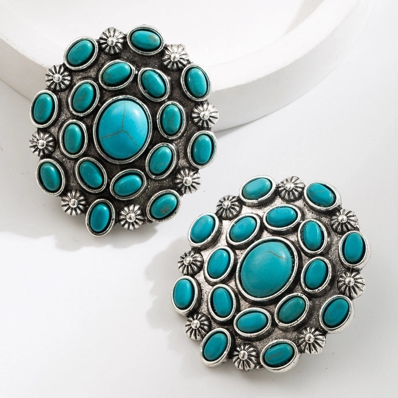 1 Pair Casual Vacation Geometric Round Inlay 304 Stainless Steel Turquoise Silver Plated Drop Earrings