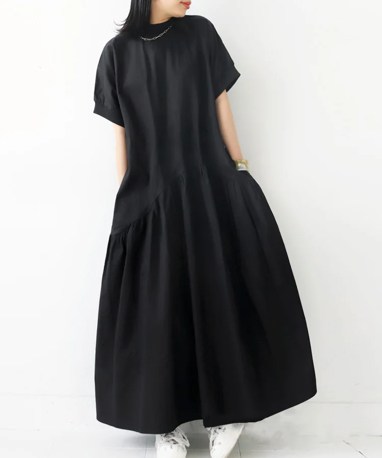 Vintage Asymmetrical Solid Color Short Sleeve Maxi Dress