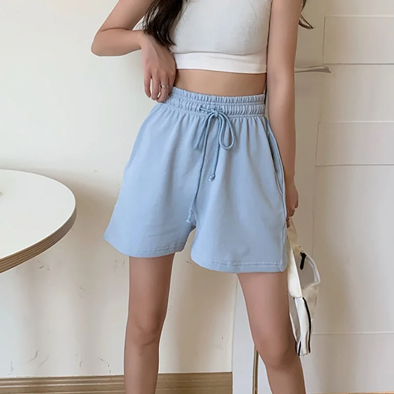 Zoki Elastic Waist Women Shorts Casual Summer Loose Sweat Biker Shorts Solid Cotton Jogger High Waist Korean Wide Leg Shorts