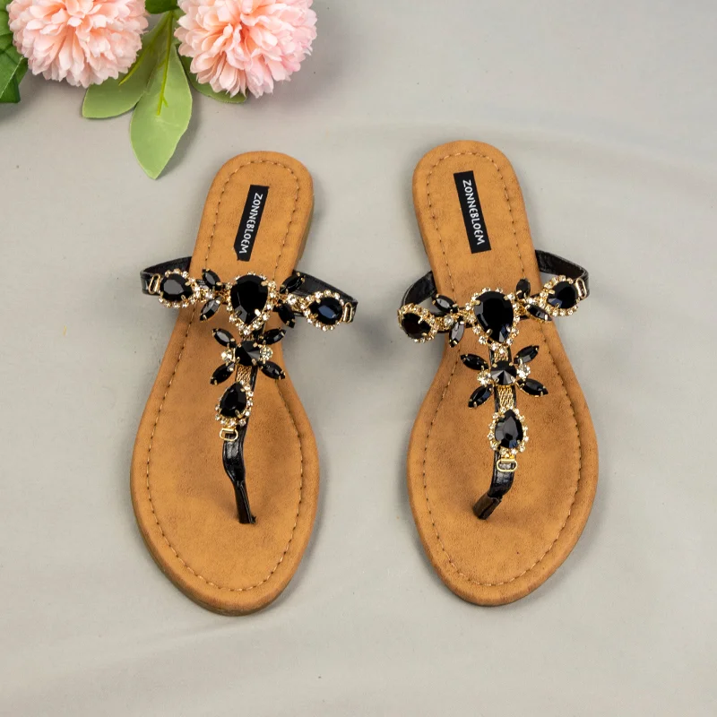 Qengg Size 2022 Women Summer Slippers Outside Beach Flat Slides Diamond Rhinestones Roman Calual Woman Shoes Gladiator Sandals