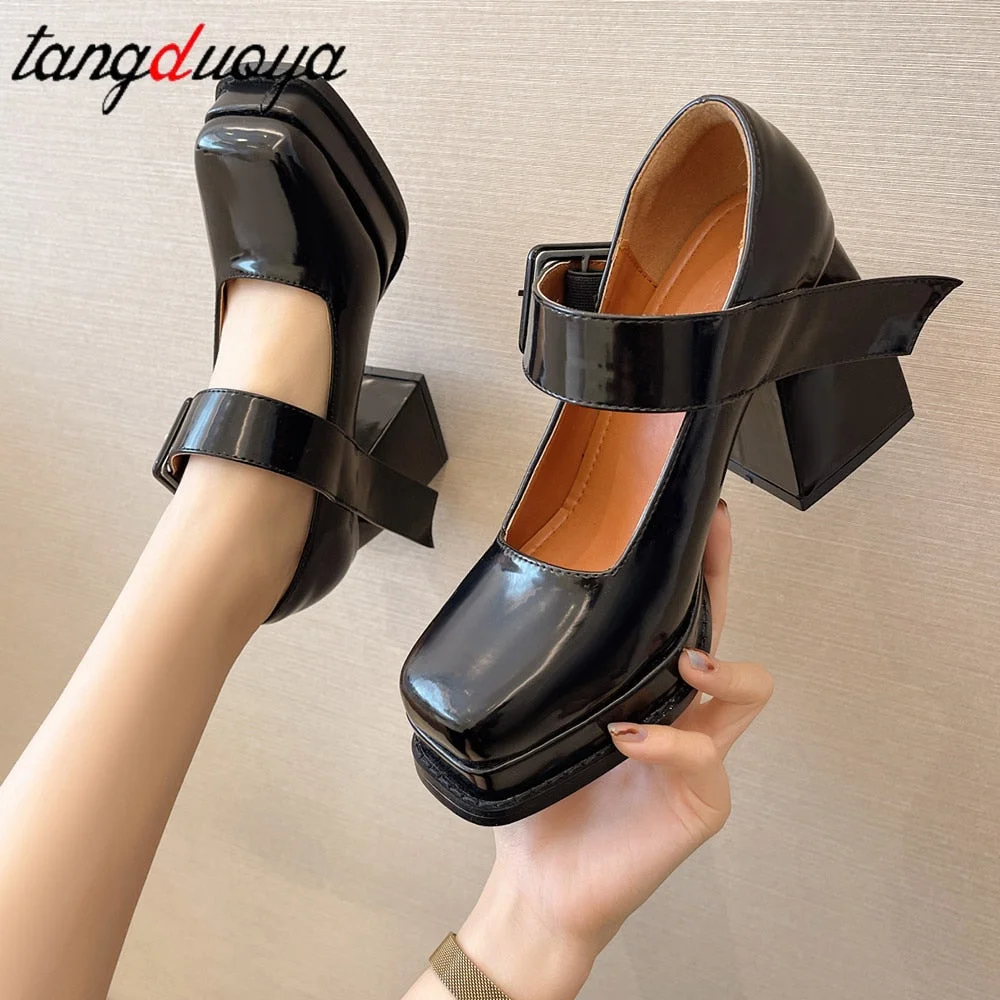 Black Punk Chunky Designer Platform Mary Janes Heels Shoes Women Patent Leather Square Toe Goth High Heels Women Pumps